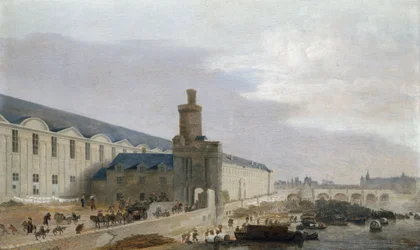 Francouzsky: La Grande Galerie du Louvre avec la porte Neuve et la tour de Bois Pohled na Paříž s Velkou galerií Louvru, Tour de Bois a Pont Neuf.
