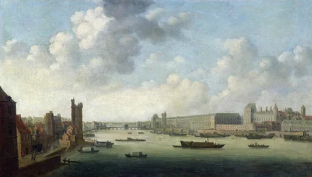 Perspektivní pohled na Paříž perspektivní pohled na Paříž od Barber Bridge po proudu, zobrazující Hôtel Bourbon, The Grande Galerie of the Louvre, c.1640
