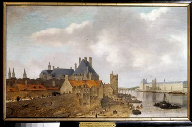 Pohled na hotel de Nevers, věž Nesles a Grande Galerie du chateau du Louvre z obrazu Pont Neuf od Abrahama de Verwer (1600-1650) 1637 ne. 0,37 x 0,59 m Paříž, Musee Carnavalet