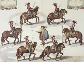 Markýz z Newcastlu dává kapitánu Mazinovi lekci jízdy na koni, deska 15 z knihy Metoda a nový vynález oblékání koní od Williama Cavendishe (1592-1676) Markýz z Newcastlu, vyryl Lucas Vo