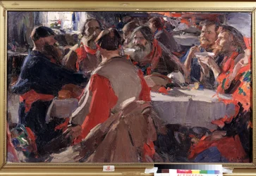 Čas na čaj (pití čaje). Obraz Abrama Jefimoviče Arkhipova (1862-1930). Olej na plátně, 79 x 31 cm. Ruské umění, konec 19.-začátek 20. století. Státní umělecká galerie B. Kustodiev, Astrachaň (Rusko).