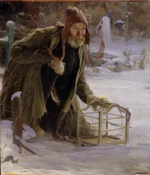Lapač ptáků. Špatně oblečený muž, klečící ve sněhu, drží klec. Obraz Abrama Jefimoviče Arkhipova (1862-1930), olej na plátně