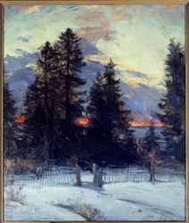 Západ slunce na zimní krajině. Obraz Abrama Arkhipova (1862 - 1930) Ec. Rus.