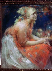 Mladá selka (Selanka). Obraz Abrama Jefimoviče Arkhipova (1862-1930). Pastel na plátně, 88 x 71 cm
