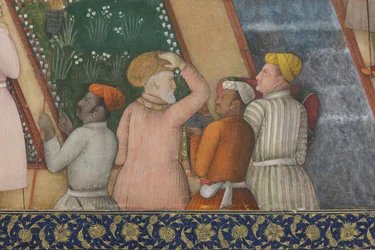 Detail z knihy Císař Džahángír se svatými muži v zahradě, cca 1615 (neprůhledná čb. a zlato na papíře)