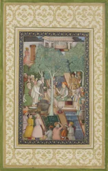 Císař Jahangir se svatými muži v zahradě, kolem 1615 (neprůhledné wc a zlato na papíře)