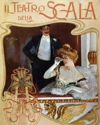 Pár míst v šatně v Teatro alla Scala. Mladá žena pozoruje scénu dalekohledem. Ilustrace Achille Beltrame.