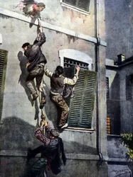 Odvážný útěk čtyř vězňů z vězení Asti po proražení zdi. Kresba Beltrame. La Domenica del Corriere. 1902