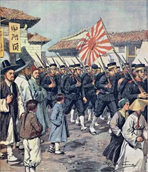 Příjezd japonských jednotek do Koreje, Achille Beltrame (1871-1945), ilustrace z La Domenica del Corriere, 21. února