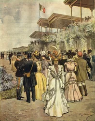 Na koňských dostizích v San Siro (Milán), Achille Beltrame (1871-1945), z La Domenica del Corriere, 4. června 1899