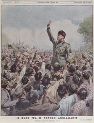 Benito Mussolini (1883-1945) uznávaný lidmi, z „La Domenica del Corriere“, 14. října 1934