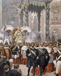 Korunovace papeže Pia X. v bazilice svatého Petra, Vatikán, ilustrace Achilla Beltrameho z La Domenica del Corriere