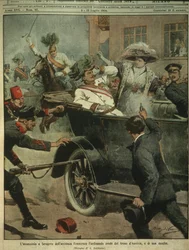 Obálková ilustrace atentátu na rakouského arcivévodu Františka Ferdinanda, dědice rakousko-uherského trůnu, Sarajevo