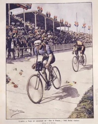 Obálka příjezdu jezdců Tour de France s vítězem Petit-Breton; Paříž, Francie