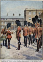 Distribuce jetele pro svatého Patrika (patrona Irska) irskými regimenty, Anglie - kresba A. Beltrame, v „La Domenica del Corriere““