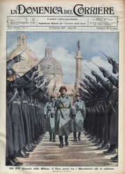 Duce Benito Mussolini provádí v Římě přehlídku „mušketýrů“ Dobrovolné milice národní bezpečnosti. Ilustrace Achilla Beltrameho v „La Domenica del Corriere“, 14/02/1937.