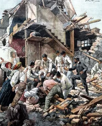 Zemětřesení v Reggiu (Kalábrie) 28.12.1908. Vojáci pátrají v troskách po obětech zemětřesení. Ilustrace Beltrame.