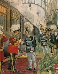 Edward VII, anglický král, přijíždí do Říma, Achille Beltrame, ilustrace, Ilustrátor Achille Beltrame (1871-1945), z La Domenica del Corriere