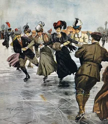 Zábavy v módě, bruslení, ilustrace Achille Beltrame (1871-1945), z La Domenica del Corriere, 27. ledna