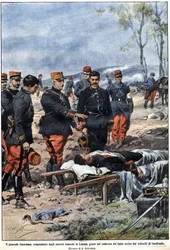 Epizoda války z roku 1914: Generál Noel Edouard de Curieres de Castelnau (1851-1944), velitel francouzské armády v Lotrinsku, přísahá na tělo svého mrtvého syna, aby ho pomstil. Ilustrace Achille Beltrame v „“La Domenica del Corriere““