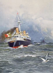 Prvotřídní bitevní loď Re Umberto, ilustrace Achille Beltrame (1871-1945) z týdeníku L
