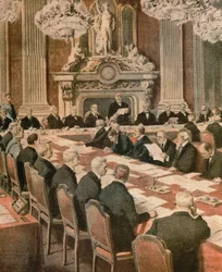Francouzský prezident Georges Clemenceau na mírové konferenci v Paříži, Achille Beltrame, ilustrace, Ilustrátor Achille Beltrame (1871-1945), z La Domenica del Corriere