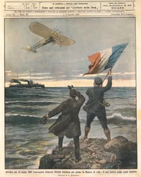 Francouzský letec Louis Bleriot, první osoba překračující Lamanšský průliv, oslavy na anglickém pobřeží, 25. července