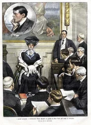Proces s Harrym Thawem v New Yorku v roce 1907. Harry Thaw, syn rodiny velkých průmyslníků, v roce 1906 zabil architekta Stanforda Whitea, bývalého milence své ženy Evelyn. Obálka Domenica del Corriere z 3. března 1907, ilustrace Achilleho Beltrameho