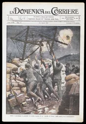 Italští vojáci nasazující fríského koně do zákopu, deska Achille Beltrame (1871-1945) pro Domenicu del Corriere, 2.-9. dubna 1916, první světová válka, Itálie, 20. století