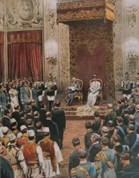 Italský král, Vittorio Emanuele III ze Savoy, byl korunován králem Albánců, Achille Beltrame, ilustrace, ilustrátor Achille Beltrame (1871-1945), z La Domenica del Corriere