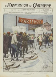 První italský karavan zimní turistiky na Spluga, národní lyžařské závody v Madesimu