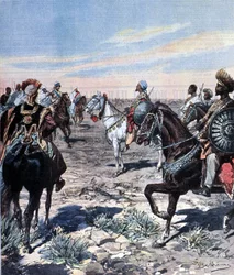 Kapitán Mozzetti v táboře Ras Makonnen (Mekonnen Welde Mikael) (Abba Qagnew) (1852-1906) v Etiopii. Ilustrace Beltrame. Domenica del corriere. 1899.