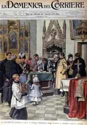 Problém rozvodů v Itálii: obyvatelstvo podepisuje v sakristiích petice proti rozvodům. Ilustrace Beltrame. La Domenica del corriere. 9/02/1902