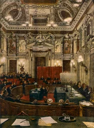 Nová městská rada v Miláně na zasedání, Achille Beltrame (1871-1945), z La Domenica del Corriere