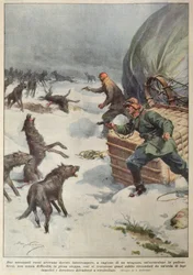 Smečky vlků útočících na posádku uzemněného ruského horkovzdušného balónu, ilustrace z „La Corriere della Sera“