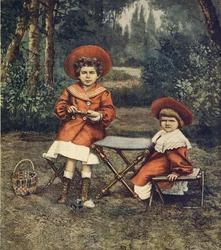 Princezny Jolanda a Mafalda, královské dcery, v zahradách v Quirinale, od Achille Beltrame (1871-1945), z La Domenica del Corriere