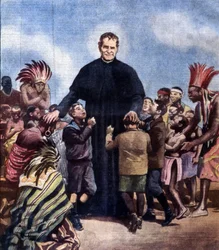 Svatý Jan Bosco. Giovanni Bosco, známý také jako italský kněz Don Bosco (1815-1888). Ilustrace Achille Belrame