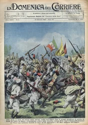 Scéna radosti v Addis Abebě (Addis Abeba), Etiopie, návrat Ras Hailou z hlavních policejních operací. Defile na počest vévody (Benito Mussolini) a krále Etiopie. Ilustrace Achille Beltrame v “” La domenica del corriere”” 10.01.1937.