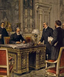 Signing of Franco-Italian Arbitration Convention in Paris, by Achille Beltrame, illustration, Illustrator Achille Beltrame (1871-1945), from La Domenica del Corriere