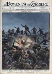 Španělská občanská válka: Divize italských dobrovolníků prchá před španělskou republikánskou armádou v oblasti Merida ve Španělsku. Ilustrace Achille Beltrame v „La domenica del Corriere““ z 11.07.1937.