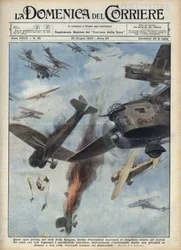 Španělská občanská válka: letecké střety mezi republikánskými a nacionalistickými letadly nad válčícím Španělskem. Ilustrace Achilla Beltrameho v „La domenica del Corriere“ z 20/06/1937.