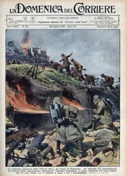 Španělská občanská válka: Předák brigád „Frecce nere“ na frontě Santander. Ilustrace Achille Beltrame z „La domenica del corriere““ z 29.8.1937.