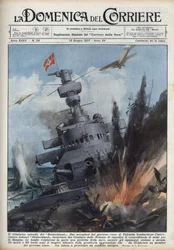 Španělská občanská válka: Dvě letadla republikánské vlády ve Valencii bombardovala německý křižník Deutschland, aby zabránila obchodu se zbraněmi do Španělska. Ilustrace Achille Beltrame v „La domenica del Corriere““ z 13. června 1937.