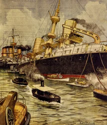 Bitevní loď Andrea Doria najela na mělčinu poblíž Gallipoli, Achille Beltrame (1871-1945), z La Domenica del Corriere
