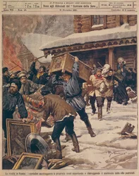 Ruská revoluce: Rolníci drancující majetek venkovských bohatých, Achille Beltrame (1871-1945), z La Domenica del Corriere, prosinec 1905