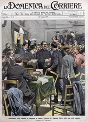 Příjezd Maxima Gorkého do zasedací místnosti na kongresu v Londýně po revoluci v roce 1905 v Rusku. Obálka La Domenica del Corriere z 26.5.1907.