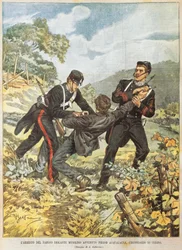 Slavný lupič Musolino byl zatčen poblíž Acqualagna v okrese Urbino, Achille Beltrame (1871-1945), z La Domenica del Corriere, 27. října 1901