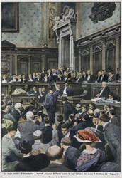 Velký proces: velký proces v Paříži s madame Caillauxovou, která zavraždila ředitele Figara. „La Domenica del Corriere“, 22. až 29. listopadu 1914.