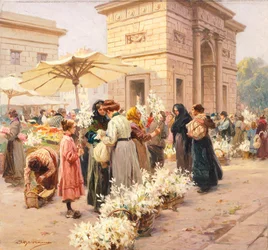 Liliový trh na milánské Porta Garibaldi, Achille Beltrame (1871-1945), z La Domenica del Corriere, Itálie 20. století