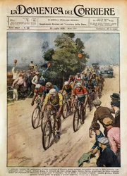 Tour de France, Learco Guerra (1902-1963) vedoucí smečka, ilustrace Achille Beltrame (1871-9145) z La Domenica del Corriere, 20. července